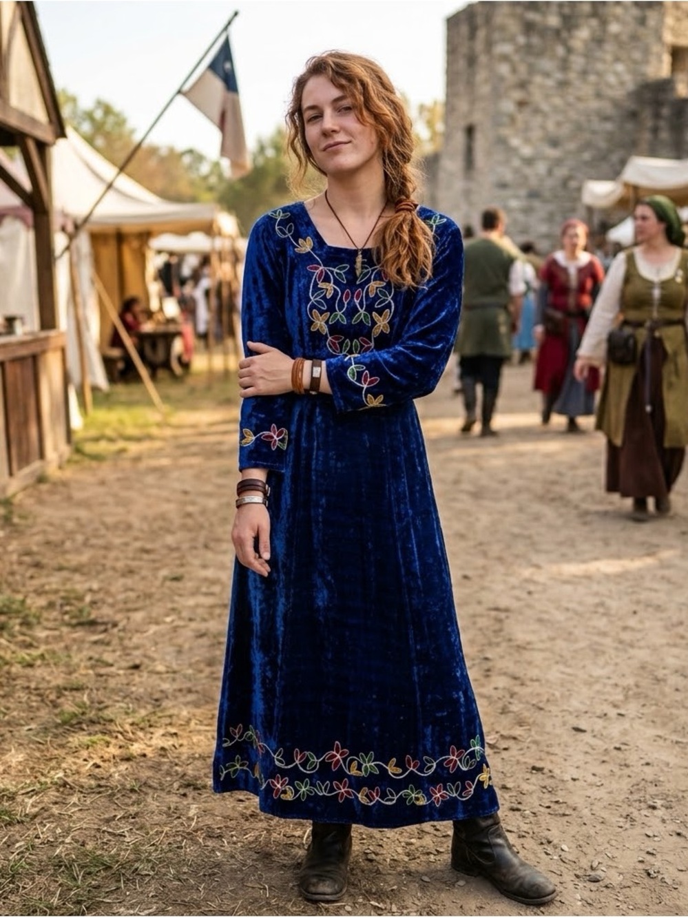 Sacred Threads Renaissance Fair Maxi Dress Sz OS Crushed Velvet Blue Embroidery